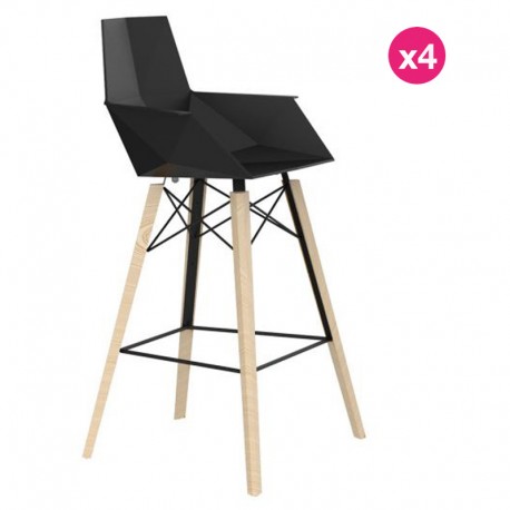 Lot de 4 Tabourets de bar Vondom Faz Wood1 noir avec pieds chêne blanchis et accoudoirs