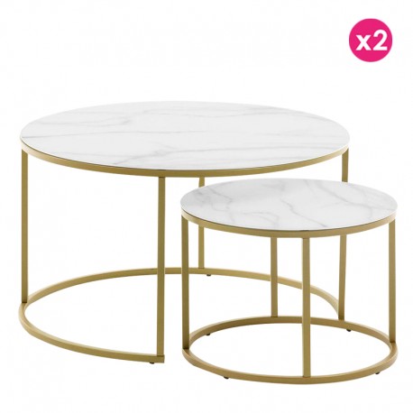 Ensemble de 2 tables basse ronde 80 et 50 Verre blanc et acier doré KosyForm