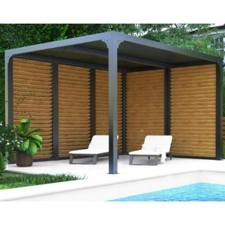 Pergola Bioclimatique Habrita aluminium 2 côtés ventelles imitation bois 10,80 m2