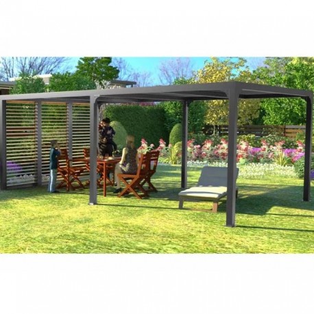 Pergola Bioclimatique Habrita aluminium 21.52m2 anthracite avec 3 panneaux imitation bois